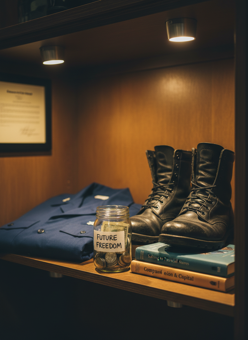 An orderly gear shelf displaying a neatly folded navy uniform shirt without visible insignia, next to a pair of well-worn but polished black boots, and beside them a small stack of personal finance books with colorful but muted spines. A simple glass jar labeled “Future Freedom” sits in front, partially filled with neatly folded currency and a few coins. Overhead, warm tungsten track lighting casts gentle, directional light, highlighting textures of leather, fabric, and paper while leaving the background tastefully subdued. Photographic realism shot at a three-quarter angle emphasizes the journey from demanding service work to financial independence, with a reflective, respectful, and quietly optimistic atmosphere.